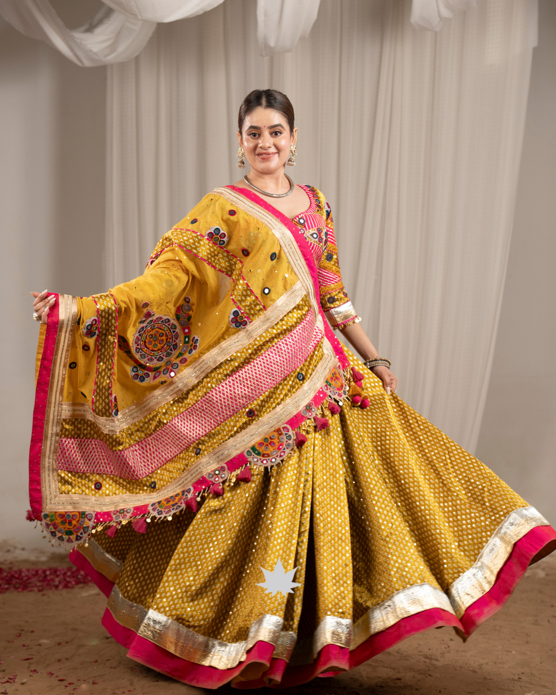 Mustard Yellow & Pink Gajji Silk Chaniya Choli