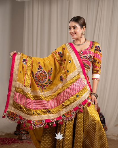 Mustard Yellow & Pink Gajji Silk Chaniya Choli