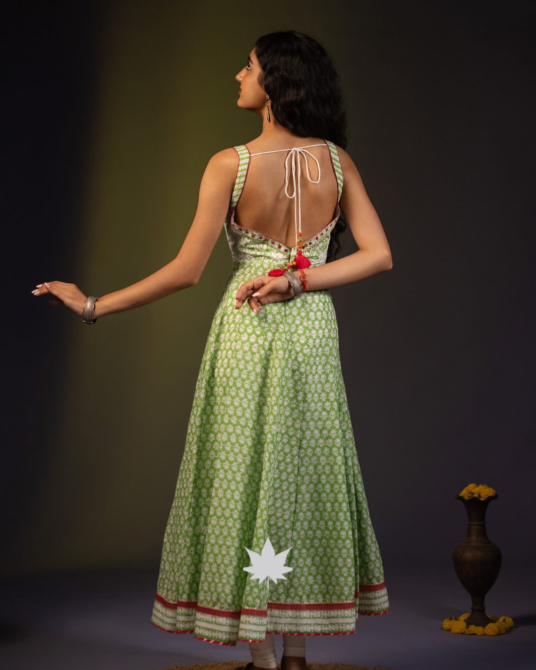 Pastel Green Floral Block-Print Anarkali Suit with Ivory Dupatta