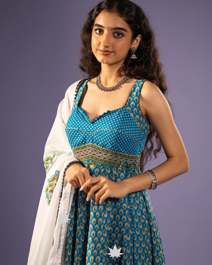 Elegant Blue Printed Anarkali Set with White Dupatta