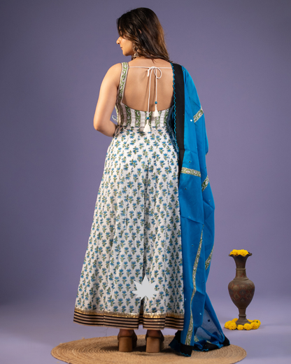 Ivory Floral Anarkali Set with Vibrant Blue Dupatta