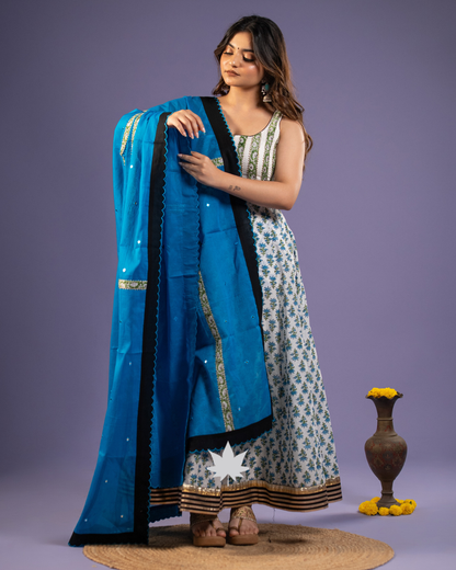 Ivory Floral Anarkali Set with Vibrant Blue Dupatta