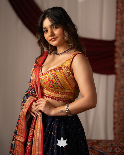 Navy Blue Chaniya Choli with Multicolored Patola Print Dupatta