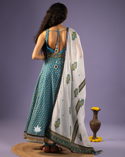 Elegant Blue Printed Anarkali Set with White Dupatta