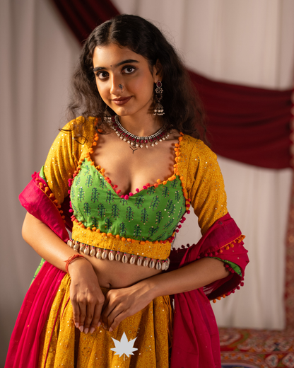 Yellow and Green Cowrie-Shell Detail Chaniya Choli