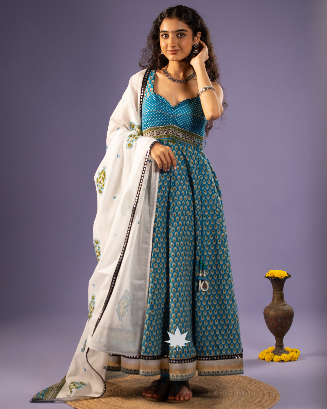 Elegant Blue Printed Anarkali Set with White Dupatta