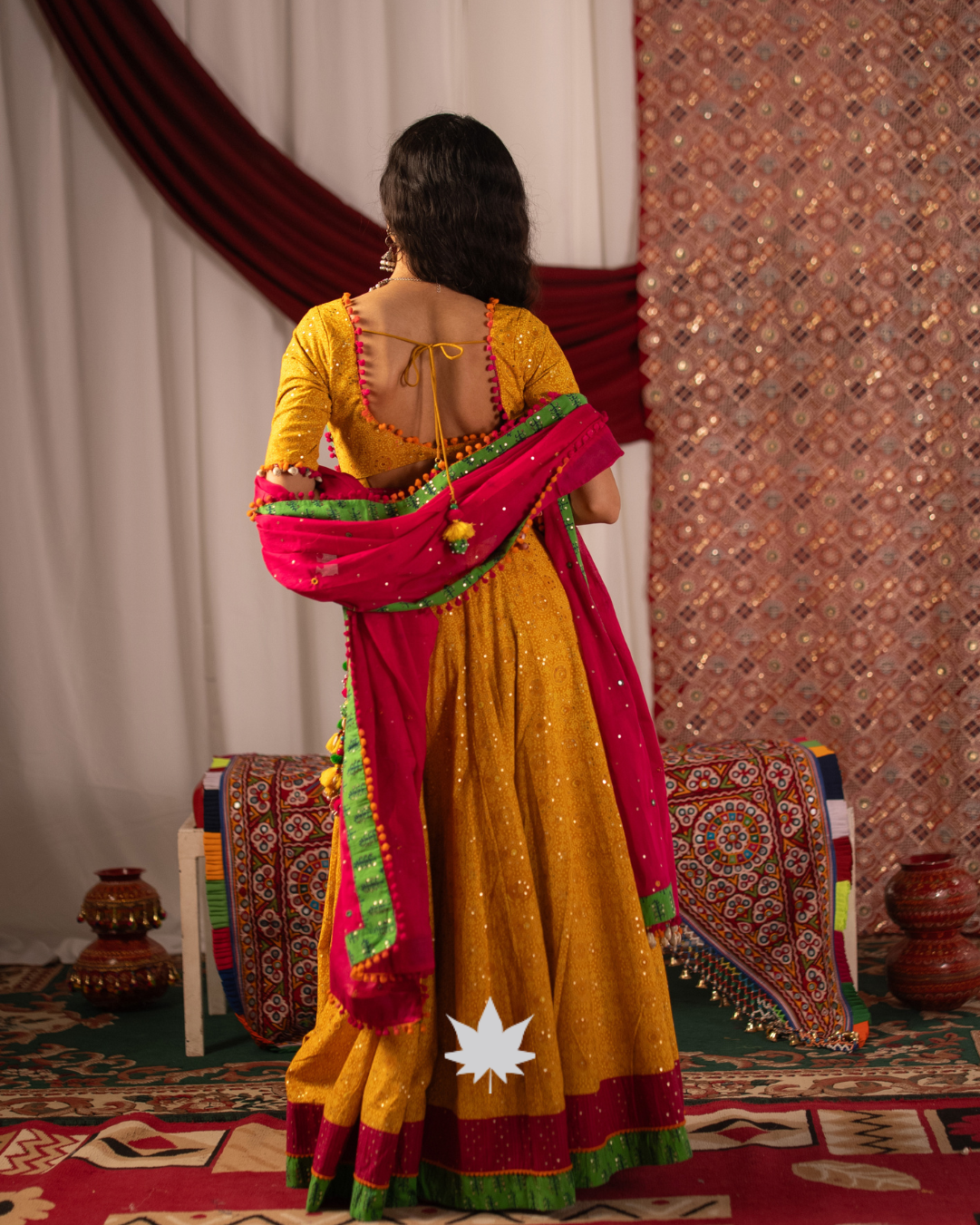 Yellow and Green Cowrie-Shell Detail Chaniya Choli