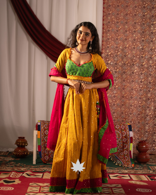 Yellow and Green Cowrie-Shell Detail Chaniya Choli
