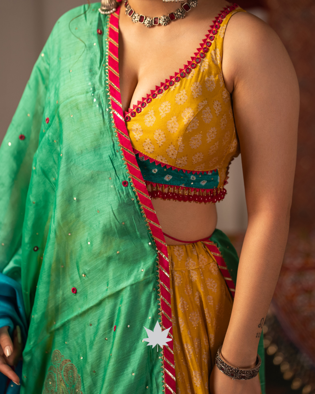 Yellow and Green Printed Chaniya Choli