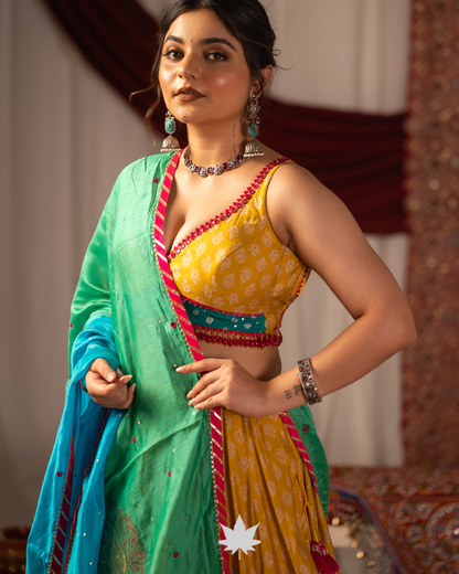 Yellow and Green Printed Chaniya Choli