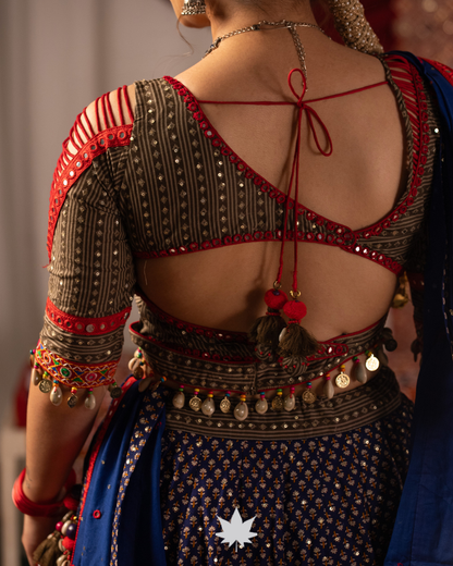 Blue and Olive Green Embroidered Chaniya Choli