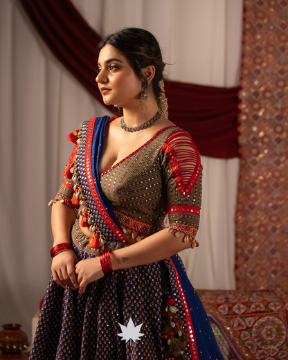 Blue and Olive Green Embroidered Chaniya Choli