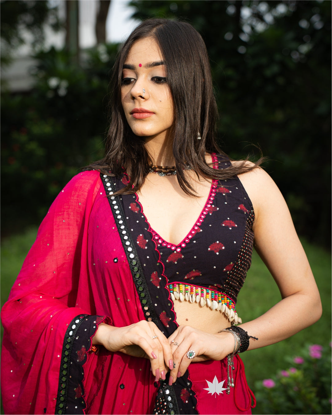 Elegant Pink & Black Mirror Work Chaniya Choli