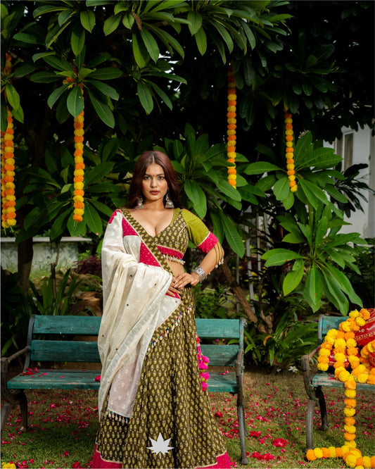 Olive Green Handcrafted Chaniya Choli Set with Multi-colored Dupatta