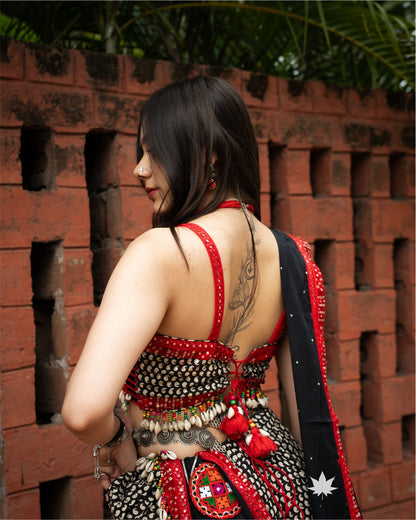 Charcoal Black Mirror Work Chaniya Choli Set with Contrast Border