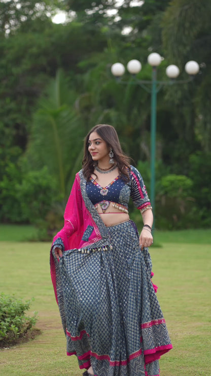 Midnight Blue Mirror Work Chaniya Choli Set with Hot Pink Dupatta