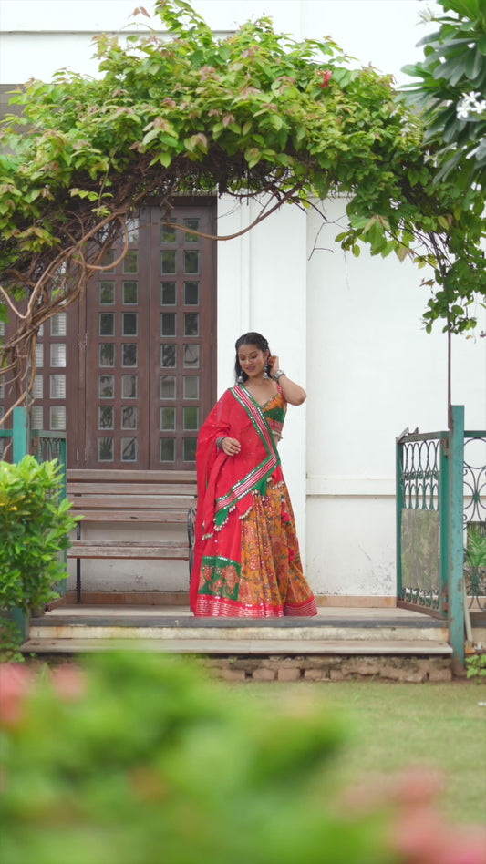 Fiery Yellow Floral Chaniya Choli Set with Bottle Green blouse