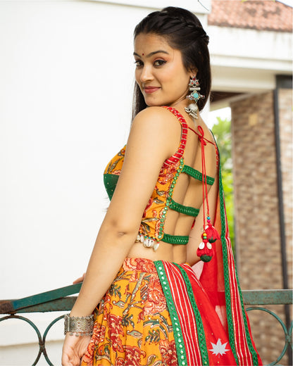 Fiery Yellow Floral Chaniya Choli Set with Bottle Green blouse