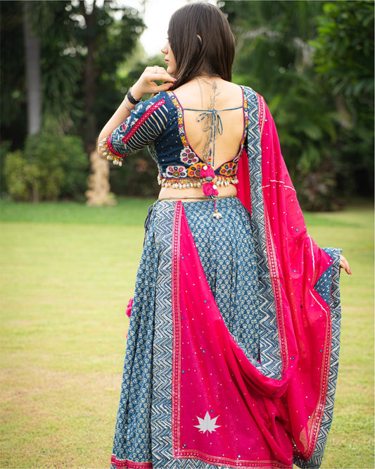 Midnight Blue Mirror Work Chaniya Choli Set with Hot Pink Dupatta